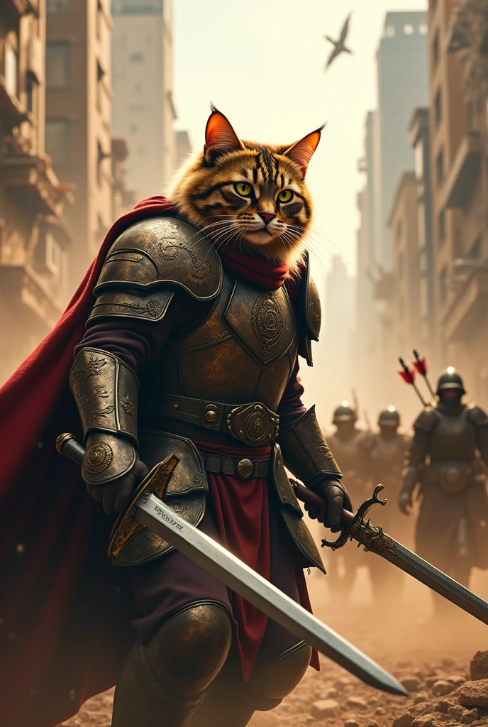 In a world where cats have evolved to become the dominators of Earth, a new era of warfare begins. The cities are divided between factions of heavily armed felines, ready to fight for supremacy. Each cat is equipped with custom armor and sophisticated weapons, from sharp-bladed swords to bows with poisoned arrows. The streets are filled with strategy and conflict, as alliances are made and broken in a matter of minutes. Describe an epic battle scene where the forces of one of the feline leaders face an unexpected invasion. What does the battlefield look like? What is the role of the feline leaders and soldiers? And what will be the outcome of this impending war