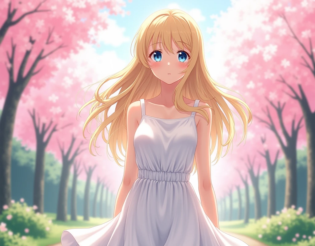 blonde teenage anime girl, blue eyes, wearing clean minimalist sleeveless white dress, cinched waist.