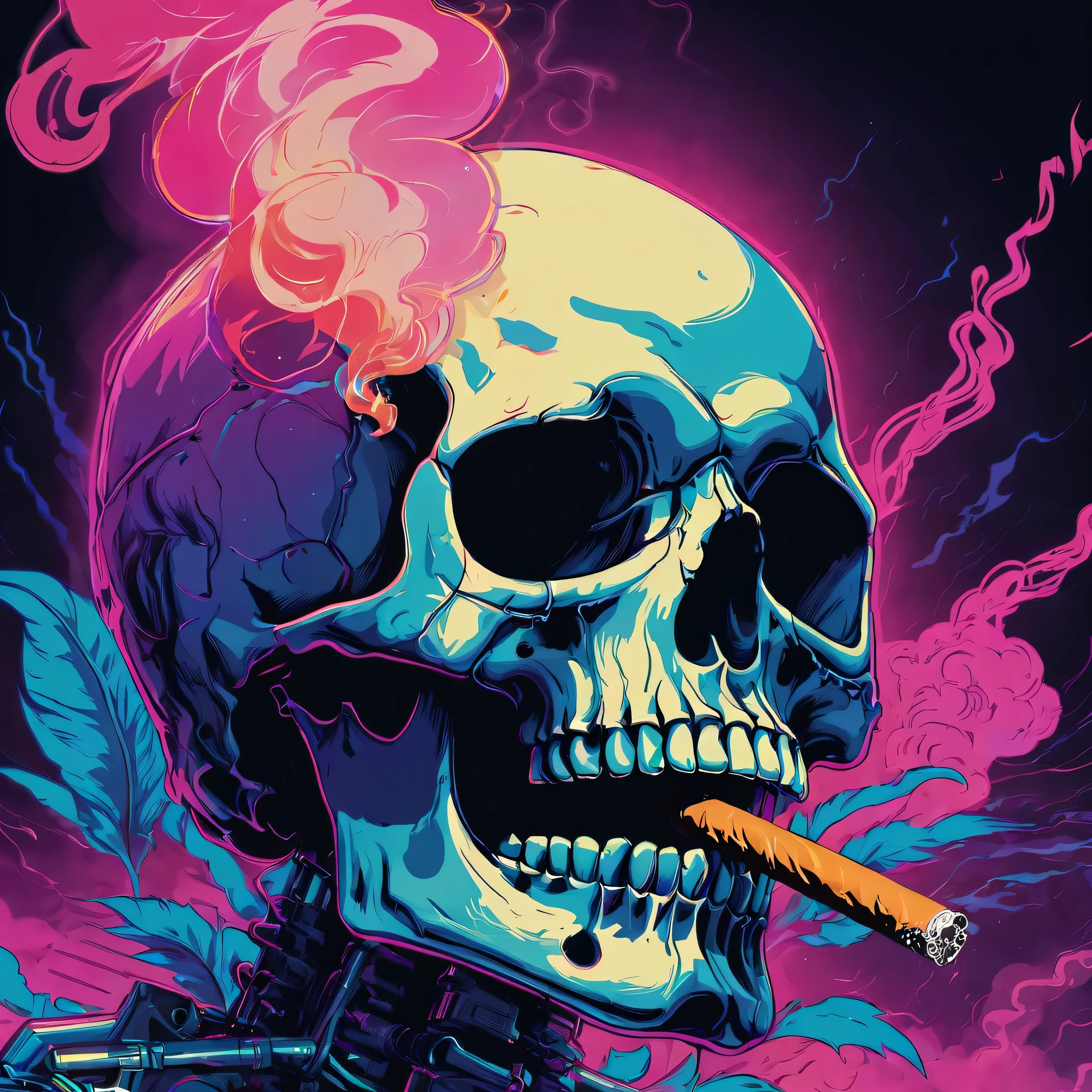skull with glowing eyes and a cigarette in its mouth, skull design for a rock band, skull liminal void background, striking detailed artstyle, heavy metal art style, fractal thunder dan mumford, style of hydro74, detailed glowing head, fantasy skull, heavy metal tshirt design, dark but detailed digital art, highly detailed vector art, in the style dan mumford artwork
