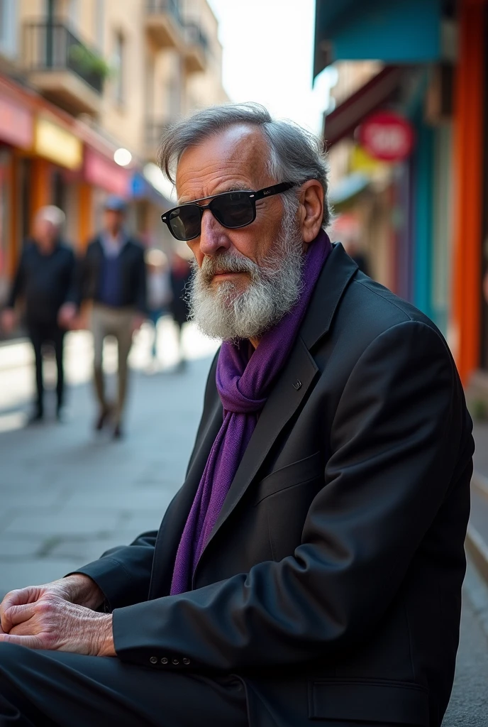 Create an old beggar with a gray beard and sunglasses and a black suit with a purple tie.
