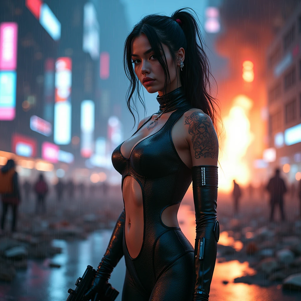 Detailed Cyberpunk Characters、Beautiful young woman battle cyborg、Beautifully detailed face、 Highly detailed skin texture、Highly detailed face and body、Perfect figure、 Muscular、Ample breasts、Six Pack Abs、Detailed thighs、Beautifully detailed and intricate eyes、Detailed mouth、Long eyelashes、Raise your arms and show your armpits、Tattoo、Erotic pose with legs apart、Wearing a high cut night camouflage pattern latex bodysuit、Tactical Helmet、gas mask、Tactical Armor、 Tactical equipment、Bulletproof vest、Utility Belt、holster、Futuristic pistol、 Elaborate armor、Cybernetic Enhancements、 Cyberpunk City、terrorism、terrorism攻撃、 explosion、night、rain、 Detailed futuristic cityscape、Neon Light、skyscraper、Dark atmosphere、Realistic skin texture、Ultra-realistic、映画のようなillumination、Cold tones、masterpiece、high quality、8k、Photorealistic、photo-realistic、professional、Natural light、illumination、Physically Based Rendering、Bright colors、Volumetric Fog、Dystopian urban environments、Advanced Technology、hacker、Illuminated display、Holographic Display、industrial machinery、Damaged buildings、rubble、chaos、panic、Motion Blur Effect