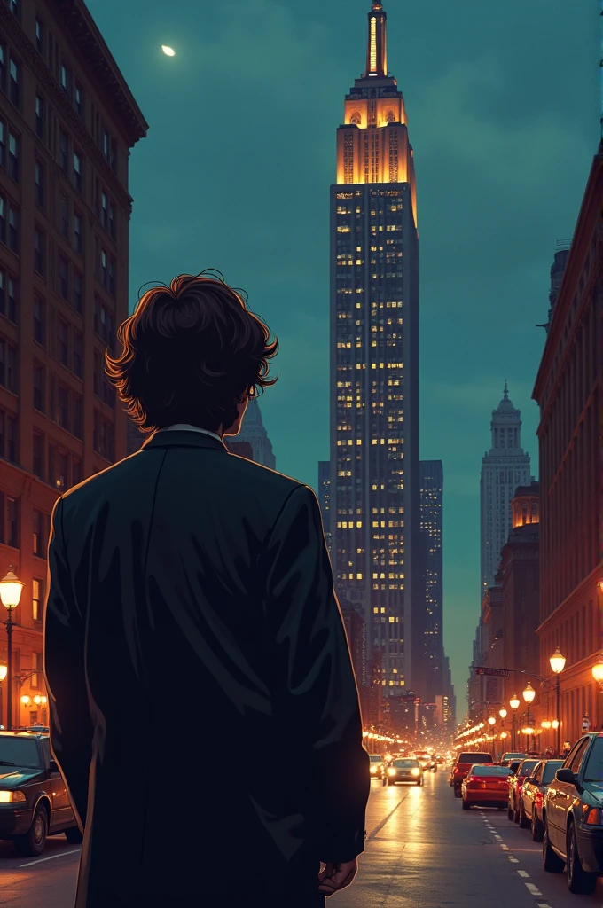 I want to illustrate John Lennon on the day of his death next to the Dakota Building in New York. I would like it to be seen around 10 pm and in 3D. In the background of the building, add a photo of his attacker, Mark Chapman holding a gun and pointing it at John Lennon in reference to the day he was murdered.