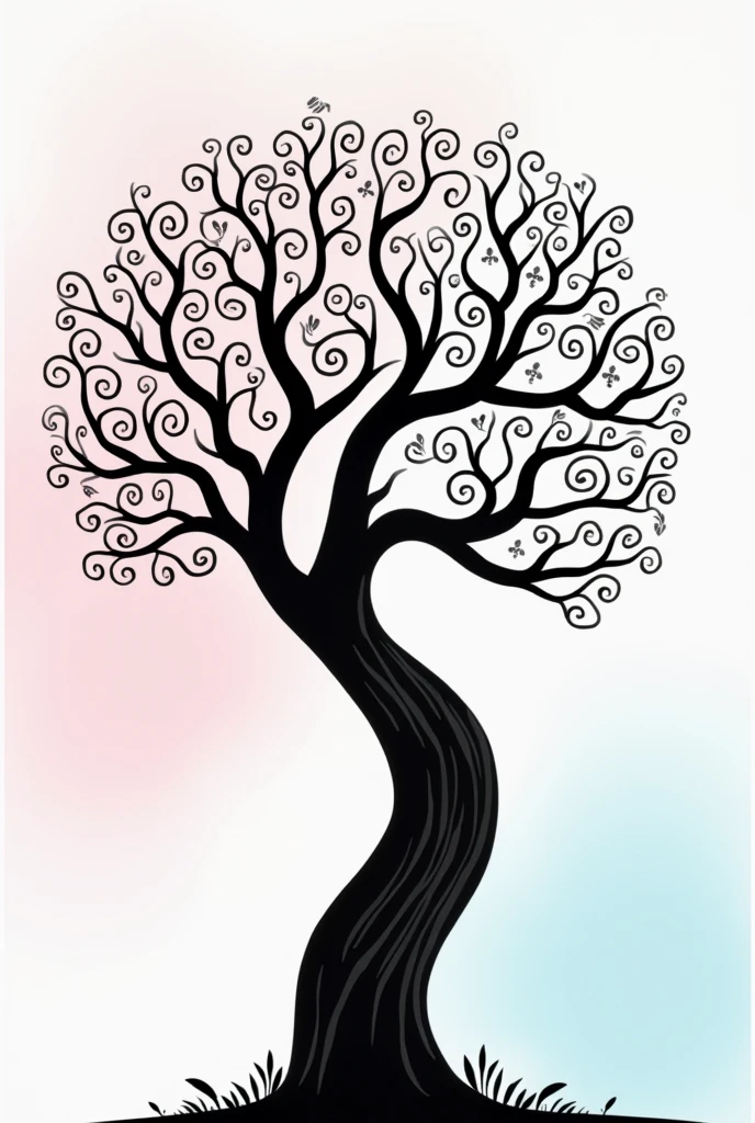Stylized gender reveal tree, drawing style without leaves, just trunk and branches in black and white without flowers