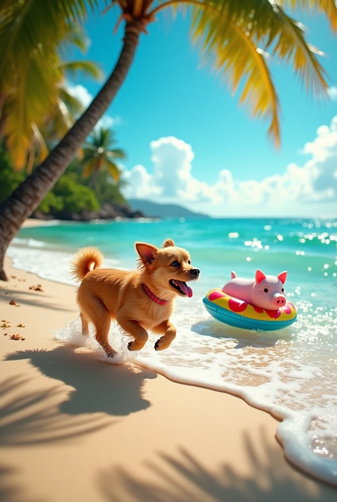 a cute dog on the beach, ocean waves, sandy beach, colorful floater, pig swimming, pig in water, pig wearing floater, cute pig expression, tropical beach scene, vibrant colors, photo-realistic, 8k, highly detailed, masterpiece