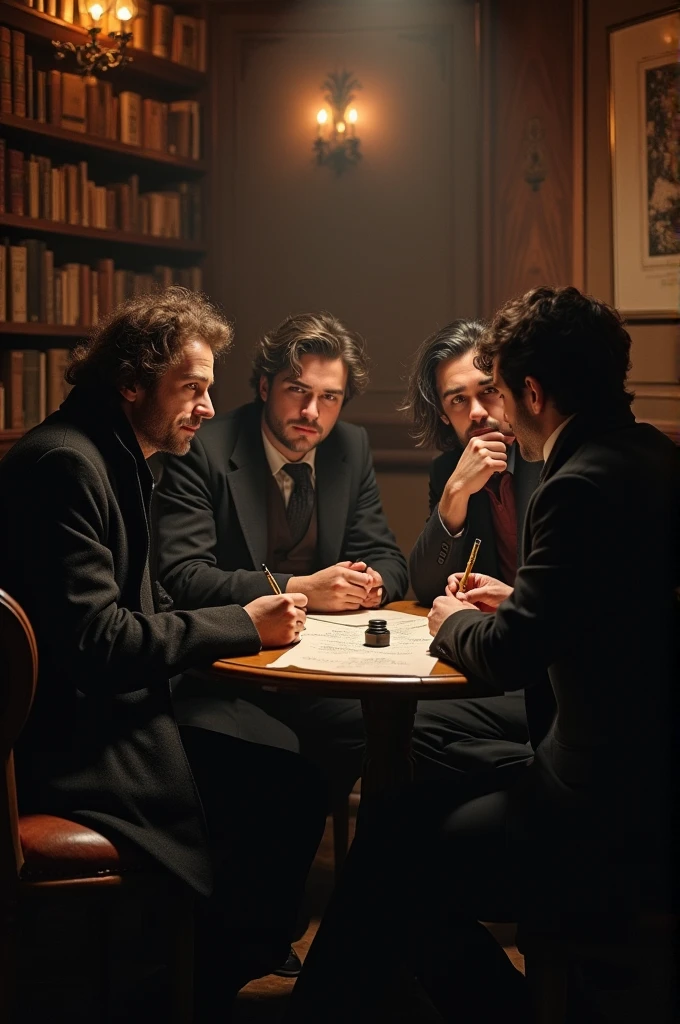 Create an image where the writers are together.: Paul Verlaine, Arthur Rimbaud, Charles Baudelaire, Stéphane Mallarmé