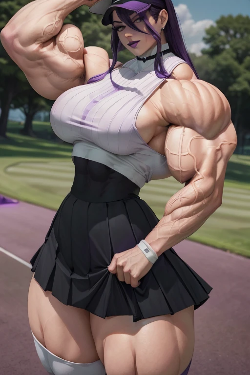 (((Close-up))), tall, (black hair) beautiful muscular female golfer, long flowing hair, brown skinned, large breast, closed smile, (black lipstick), (massive muscles), (hyper muscle), ((ginormous bulky muscles)), orange eyes, (((black golf top))), (((black long pleated skirt))), (thigh high socks), choker, sneakers, in a golf course, 