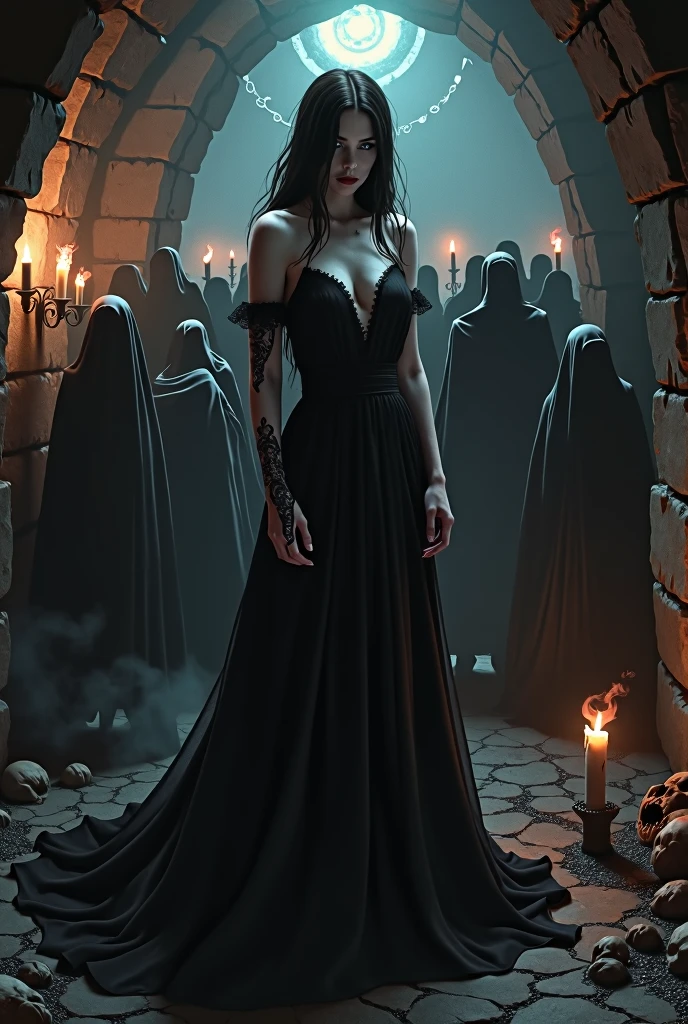 Gothic and sexy vampiress in a dungeon with a giant number of bloodthirsty ghouls waiting for their surreal anime mistress