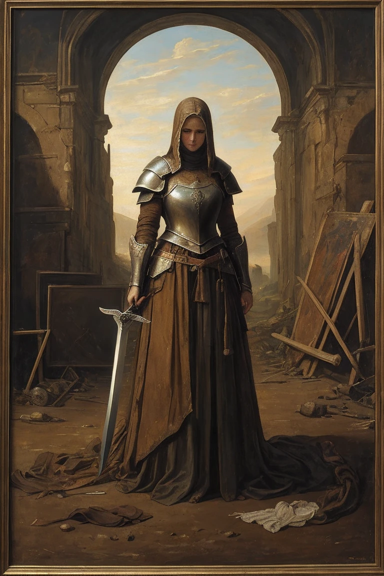A painting of a young woman, mended armor, rags poking through gaps of the armor, no helmet, curly ratty hair, cold eyes, scarred cheeks, emotionless smile, pale, covered in old blood and puss, fraying bandages holding together armor, in a destroyed village, holding a chipped and stained claymore(sword), very dark at night, no reflections, low visibility, renaissance style painting, crude art, starless night, at nighttime, no light, painterly aesthetic, standing off to the side, paint smudges