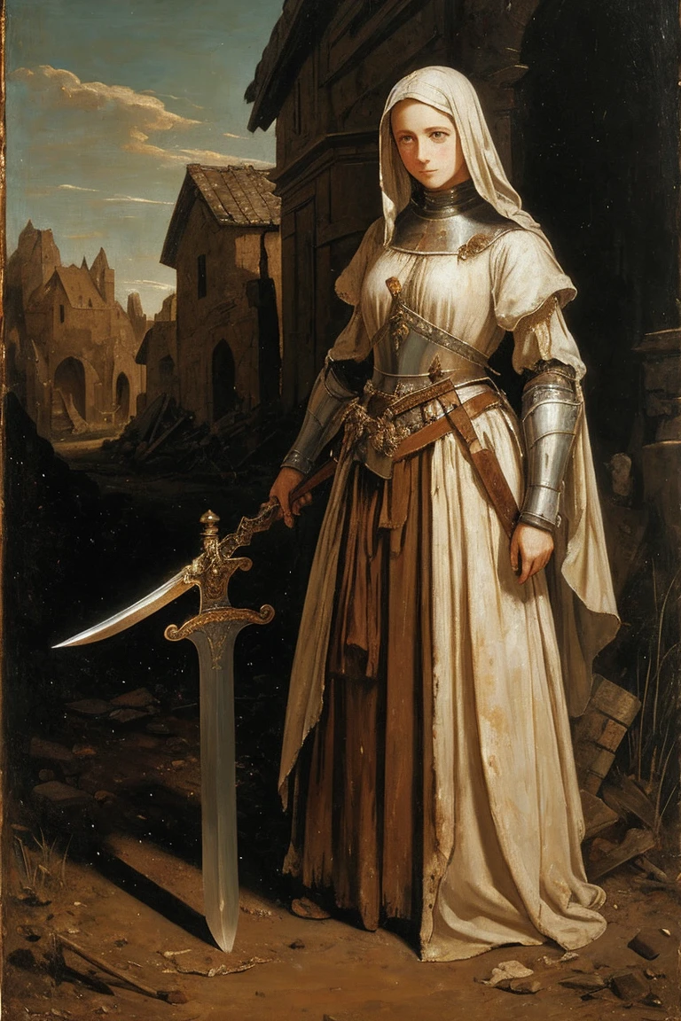 A painting of a young woman, mended armor, rags poking through gaps of the armor, no helmet, curly ratty hair, cold eyes, scarred cheeks, emotionless smile, pale, covered in old blood and puss, fraying bandages holding together armor, in a destroyed village, holding a chipped and stained claymore(sword), very dark at night, no reflections, low visibility, renaissance style painting, crude art, starless night, at nighttime, no light, painterly aesthetic, standing off to the side, paint smudges