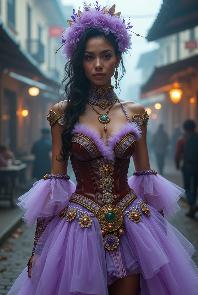 Steampunk Retrofuturistic clothing with Brazilian-Indigenous and Belle Époque influences from Belém do Pará. Lilac and violet tulle fabric. To Skins in a dark winter palette