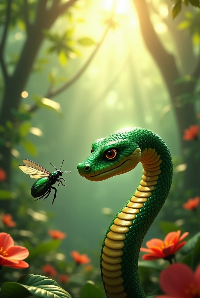 Create an animated image of a beetle and a snake. 