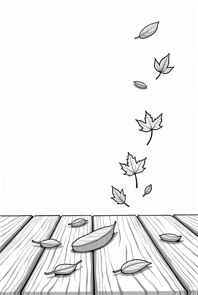 "A whimsical collection of fallen leaves in different shapes and sizes, scattered across a rustic wooden table, anime,one line,clean and minimalistic line,line drawing style, pure white background