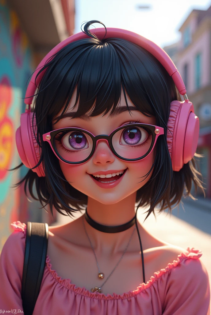 A white girl with short black hair to her shoulders, she wears cat-eye glasses and has a cute smile, She has her hair down, headphone cor de rosa, pink highlights illuminate her