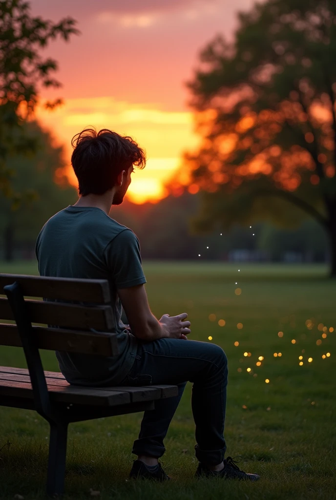Drawing of a young man sitting, looking at a park at sunset