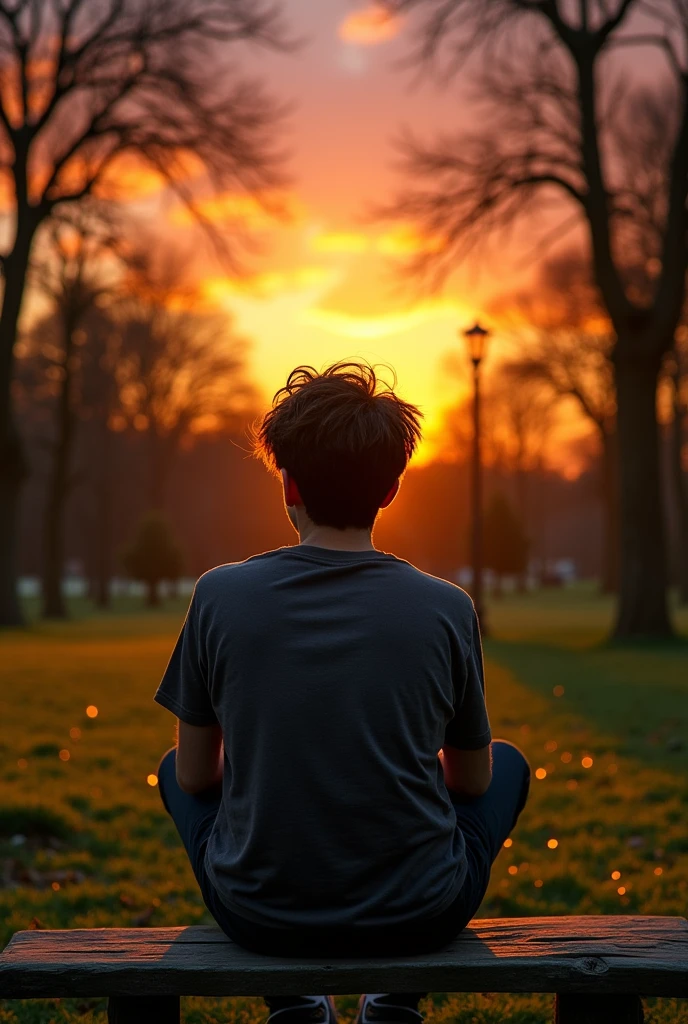 Drawing of a young man sitting, looking at a park at sunset 