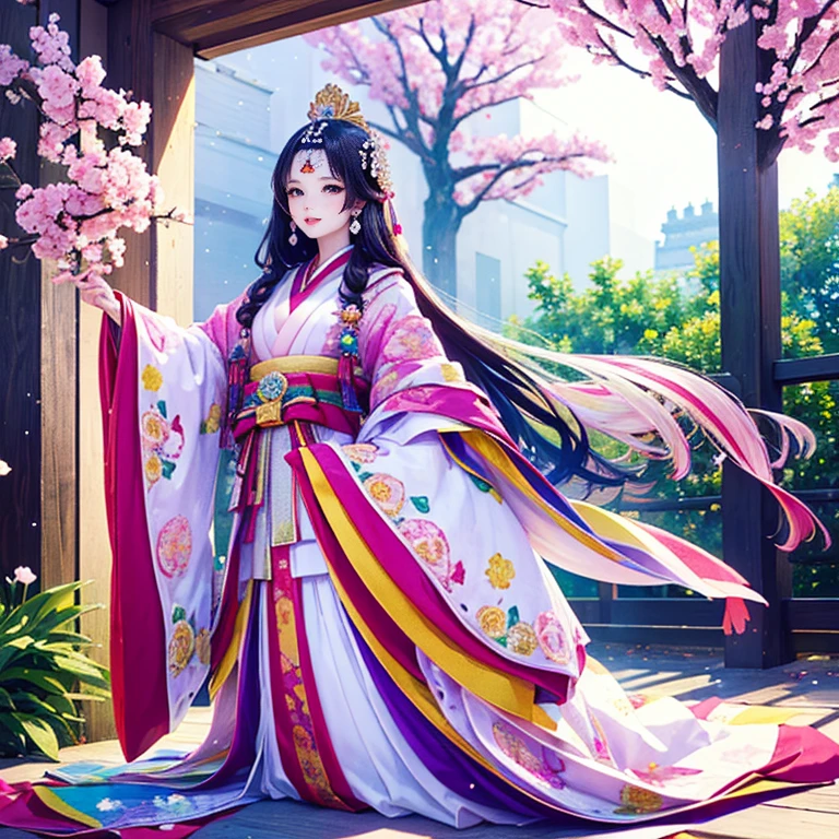 ( High resolution、 Super detailed、masterpiece、Highest quality、8k)、Heian period in Japan、(NHK Taiga Drama、To the Shining One)、Fujiwara Akiko、palace、The Empress of the Palace、Young beautiful woman、Beautiful Face、Beautiful Face、Pretty lips、(12 single coats、Light pink、Light purple、yellow、green、blue、red、White color、Colorful overlapping)、(Full Body Shot)、Long black hair、Jewel Ornament、background、garden、Colorful flowers、Vibrant colors、Detailed Anime、Detailed CG、