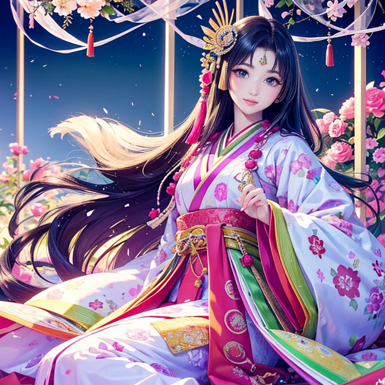 ( High resolution、 Super detailed、masterpiece、Highest quality、8k)、Heian period in Japan、(NHK Taiga Drama、To the Shining One)、Fujiwara Akiko、palace、The Empress of the Palace、Young beautiful woman、Beautiful Face、Beautiful Face、Pretty lips、(12 single coats、Light pink、Light purple、yellow、green、blue、red、White color、Colorful overlapping)、(Full Body Shot)、Long black hair、Jewel Ornament、background、garden、Colorful flowers、Vibrant colors、Detailed Anime、Detailed CG、