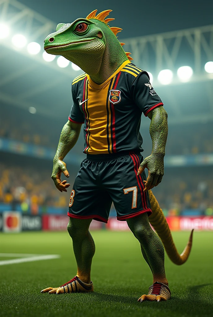 humanoid lizard, Flamengo player, black white clothes, horizontally striped red