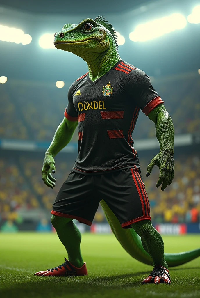 humanoid lizard, Flamengo player, black white clothes, horizontally striped red
