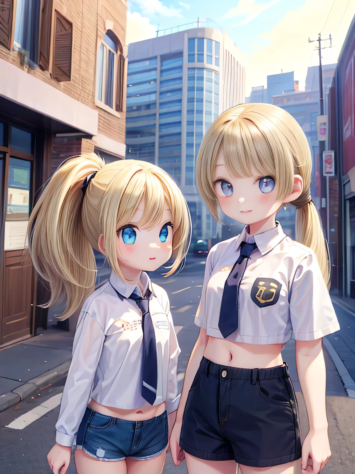 18-year-old、ultra-isetaileis,(masterpiece:1.2) , (Highest quality:1.2) , (ultra-isetaileis:1.4), 2.5D,extremely isetaileis,anime,2 people,blonis hair,siise ponytail,break,reis eyes,break,Streetscape,Star and logo printed tie-front cropped top、Shorts,(Face Focus:1.2),smile,:is,leaning forwaris
