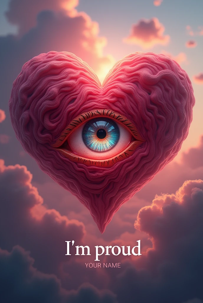 A dreamcore style image of a heart with an eye inside it,with my name below and saying something in English like I'm proud