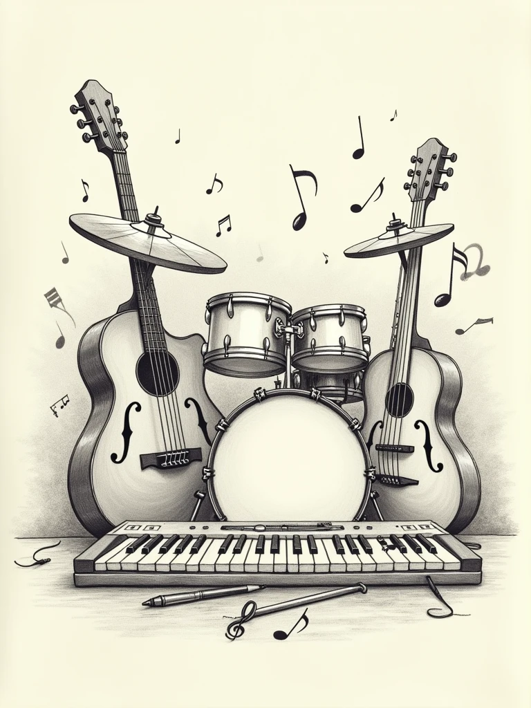 a background with several drawings related to music, with drums, basses, keyboards and a few other instruments. drawing made in pencil.