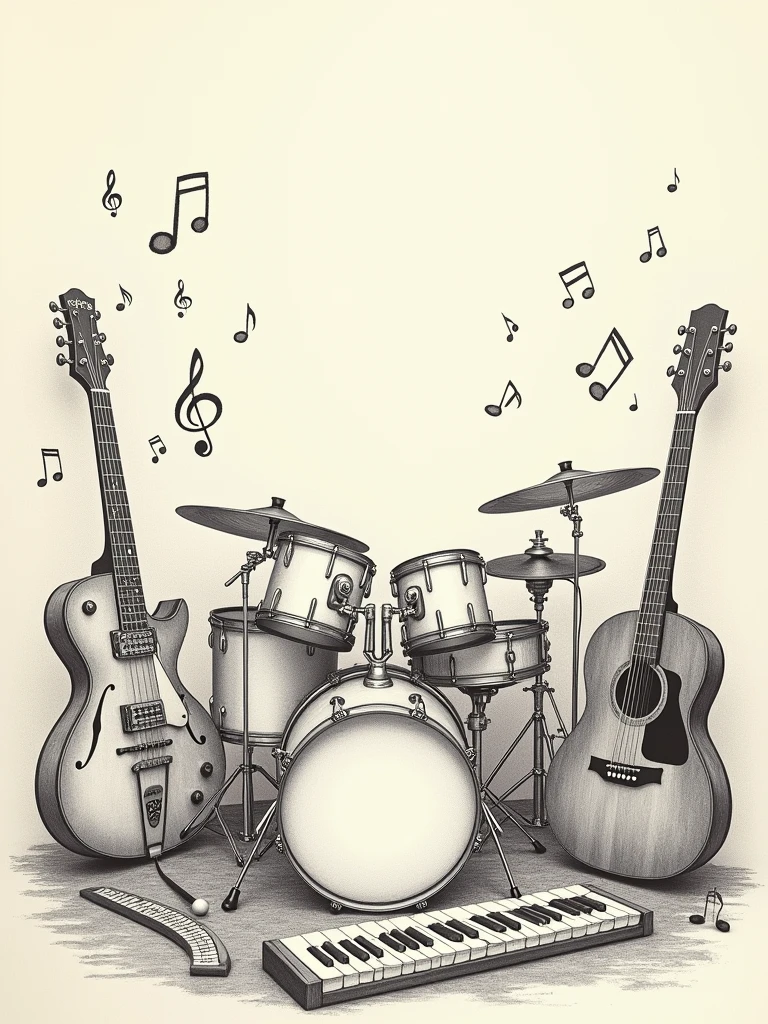 a background with several drawings related to music, with drums, basses, keyboards and a few other instruments. drawing made in pencil.