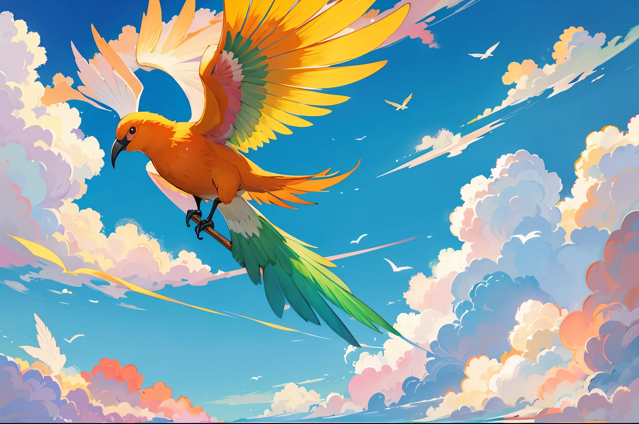a colorful bird soaring the sky. the bird is orange, yellow, violet, pink, and green. the sky is partly cloudy and blue. the lines are not very defined. the bird is rather far.