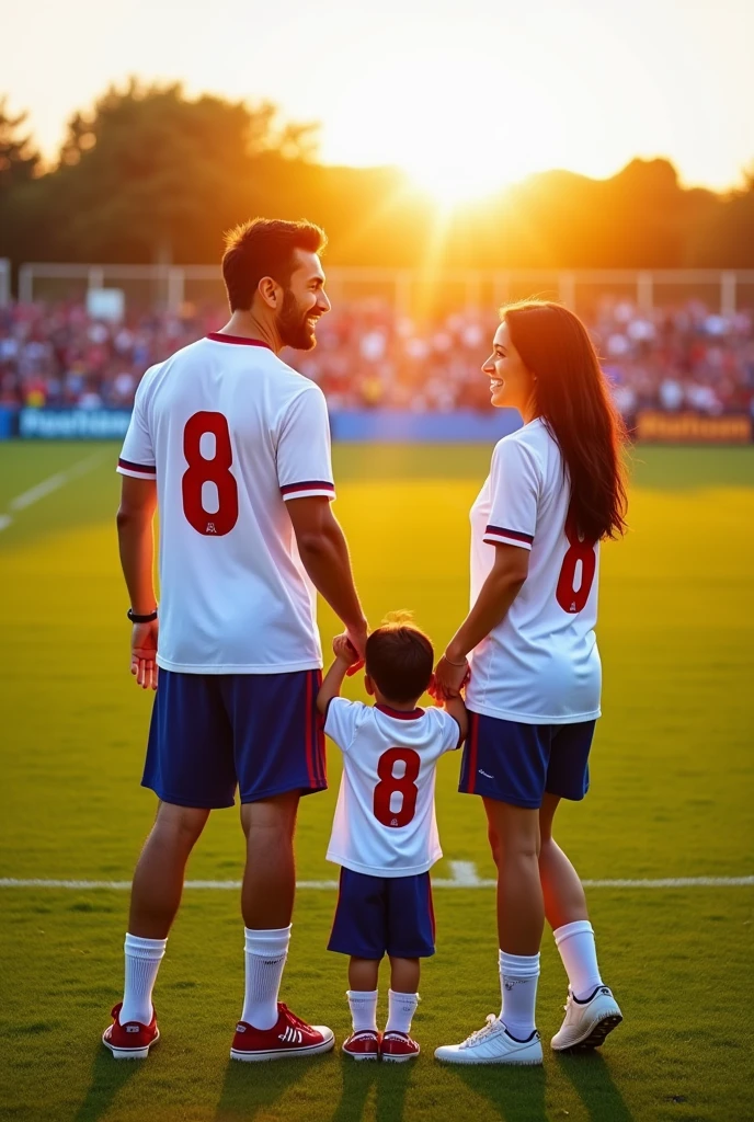 Couple in a soccer field each holding the hand of their child. Player with Barcelona shirt number 8, white male, The woman with black hair, wearing white with Barcelona shirt number 8 and the child wearing black hair with Barcelona shirt number 8