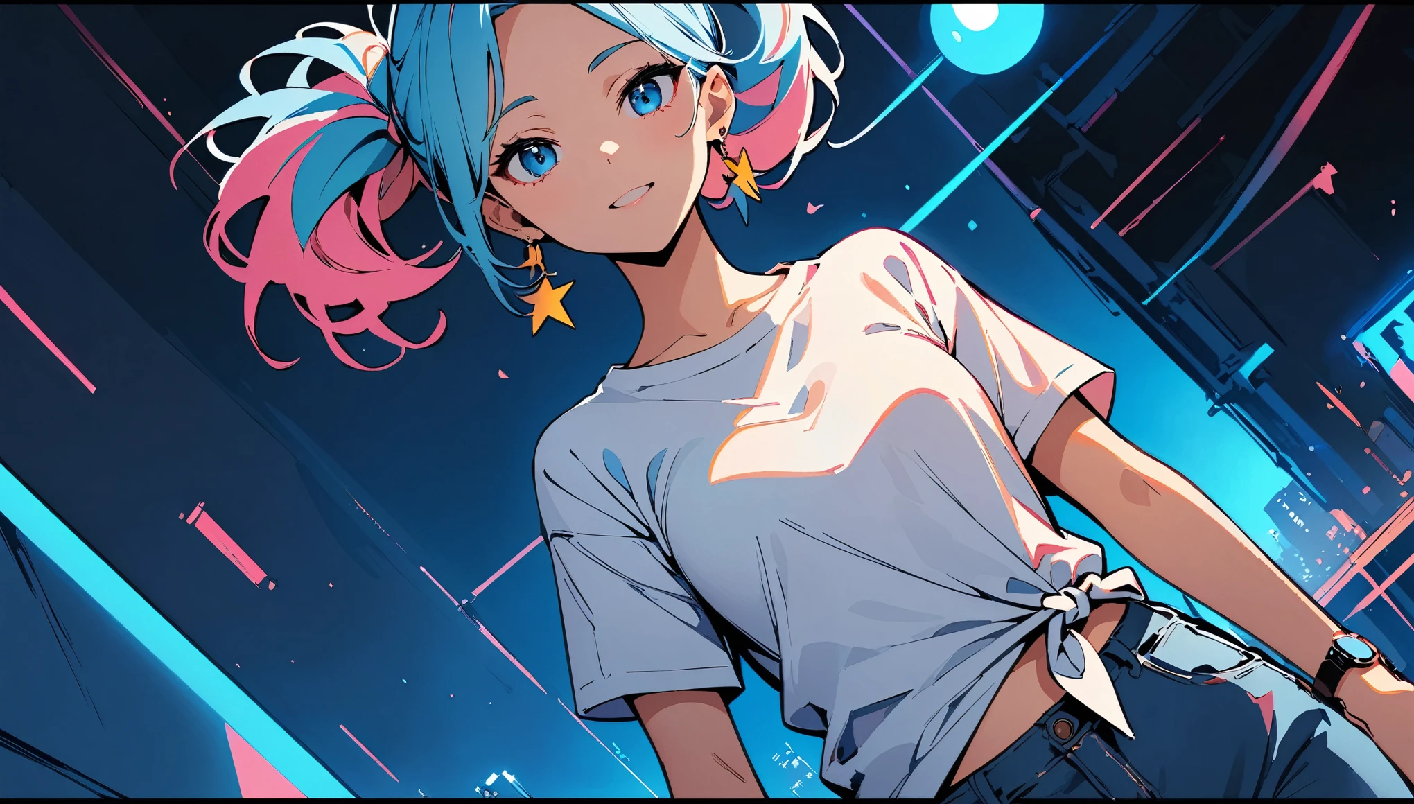 (high quality, 8k, 4K, High Contrast, masterpiece:1.2, 最high quality, Best aesthetics), (Dynamic Angle), ((1 female teen)), ((Plain and bright background)), ((Flat Color)),(Plain white T-shirt on the upper body), (jeans), Looking at the audience, Upper Body, Transparent Background, High Contrast, Contrasting colors, Cowboy Shot, Pale pink and blue lighting, Long Hair, ((Tied Hair)) , Blue Hair, Small star-shaped earrings in both ears, watch, bright eyeshadow, (Pixel art:1.5), (8bit)