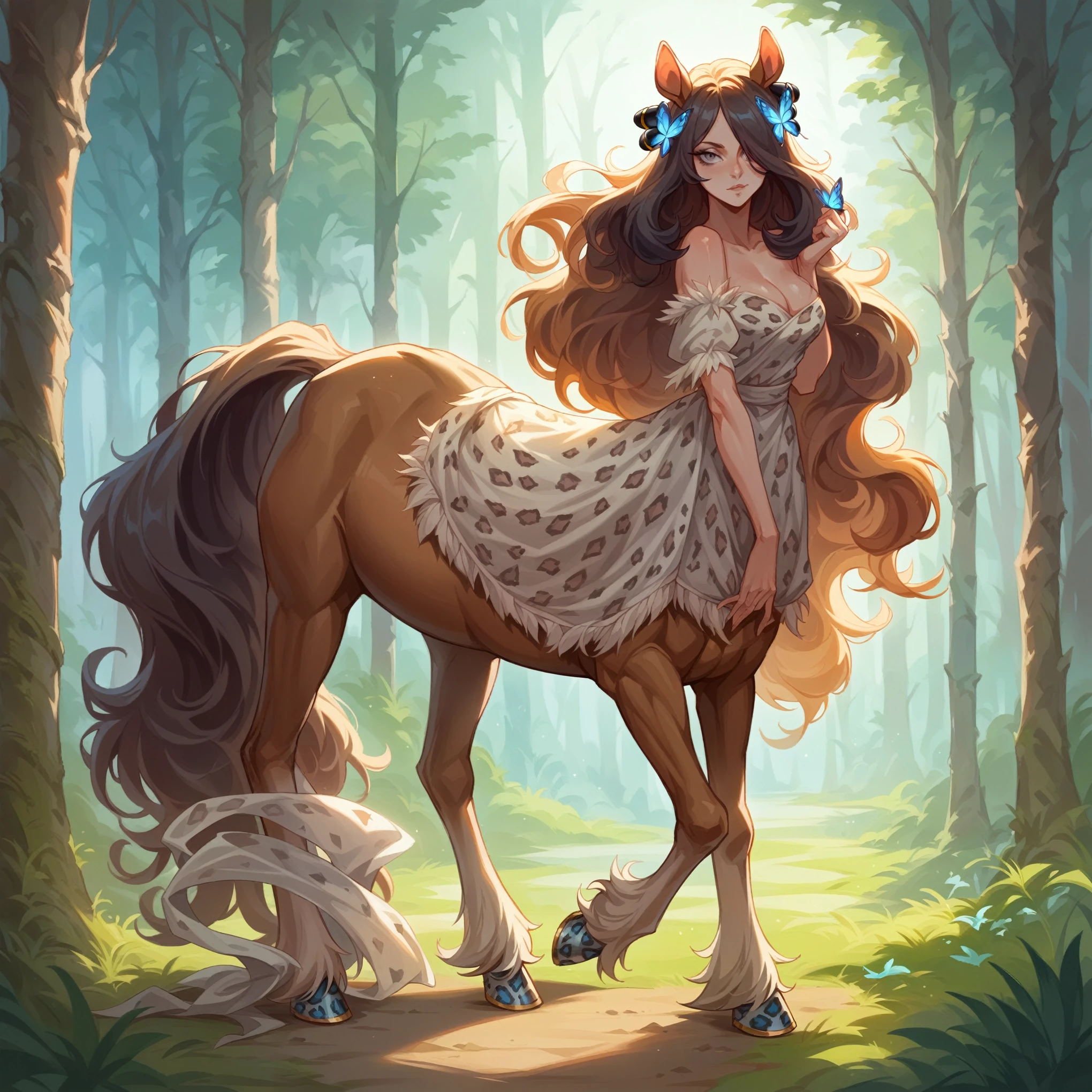 1Centaur Girl，Four legs，Leopard print underwear，Leopard-print clothing，Leopard print，Crystal high heels，The whole body is dazzling and starry，（Horses have human skin.）（Flesh-colored skin (Cynthia Sheppard), Fair and shiny skin, Full body CGsociety, Beautiful full body concept art, horse, smooth Fair and translucent skin, Pretty blue butterfly hair accessories and pale porcelain skin, Gu Weiss, Fair and translucent skin, Pale skin,,Ivory white skin, Light milky white porcelain skin，（Skin tone consistency）