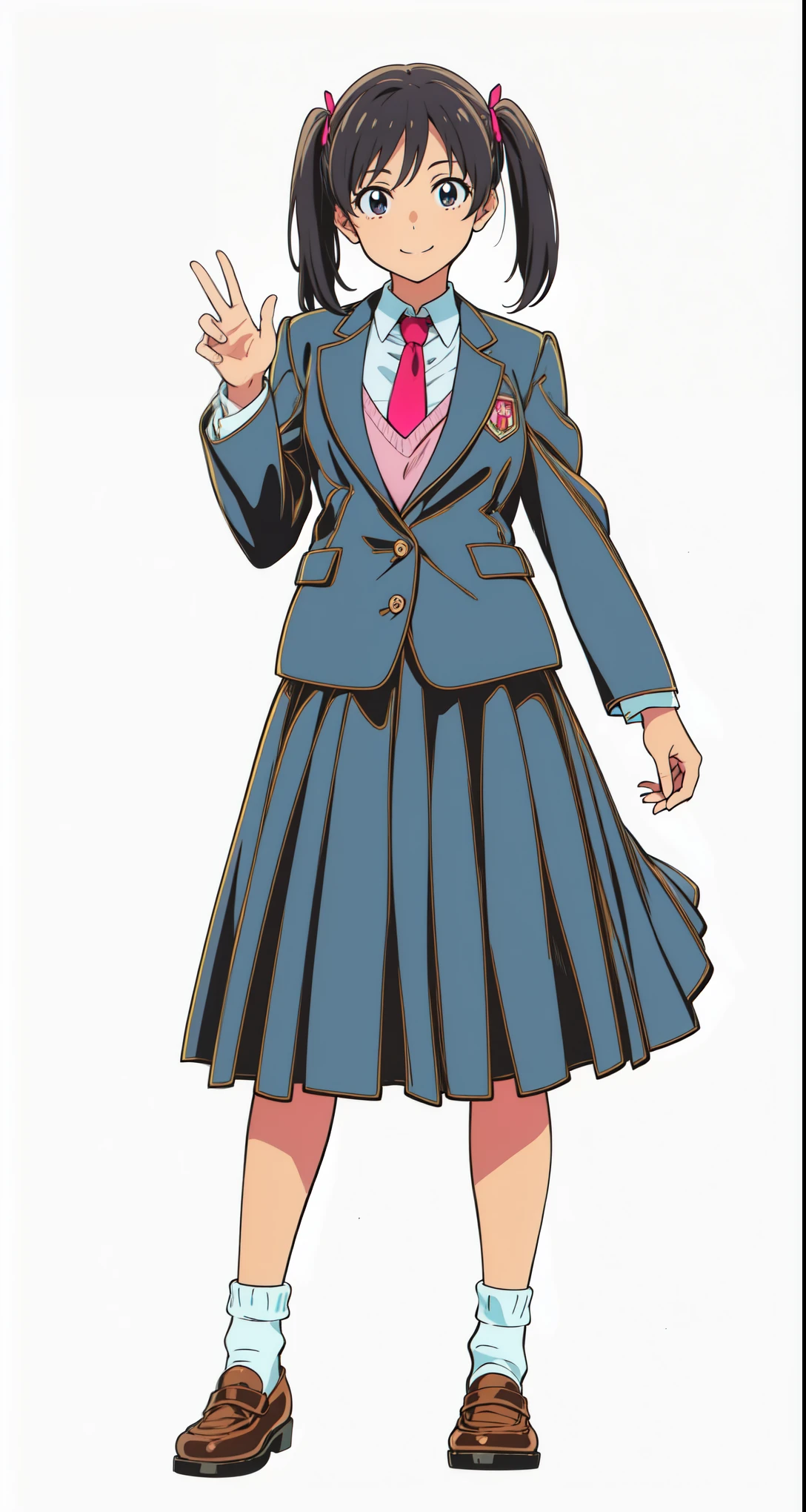 (wind:1.0), (skirt swinging:1.0), (white background:1.0), (best quality:1.0), (masterpiece:1.0), (super fine illustration:1.0), (beautiful artwork:1.0), (anime screencap:1.0), (official art:1.0), (full body:1.0), (solo:1.0), (a 17yo cute girl:1.0), (long skirt:1.0), (dark blue skirt:1.0), (pleated skirt:1.0), (school uniform dark blue blazer:1.0), (red necktie:1.0), (pink knit vest:1.0), (black loafers:1.0), (white socks:1.0), (ideal ratio body proportions:1.0), (lanky:1.0), (tall:1.0), (slender:1.0), (small breasts:1.0), (smaller face:1.0), (smile:1.0), (cheerful:1.0), (detailed beautiful eyes:1.0), (detailed beautiful face:1.0), (glowing black eyes:1.0), (short hair:1.0), (twin tails:1.0), (swept bangs:1.0), (black hair:1.0), (standing:1.0), (looking at viewer:1.25)