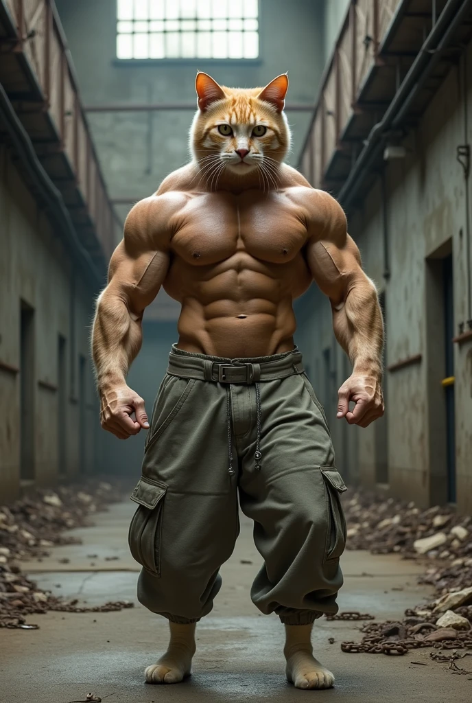 Turkish van cat with huge muscles like bodybuilding champions wearing prison clothes realistic real