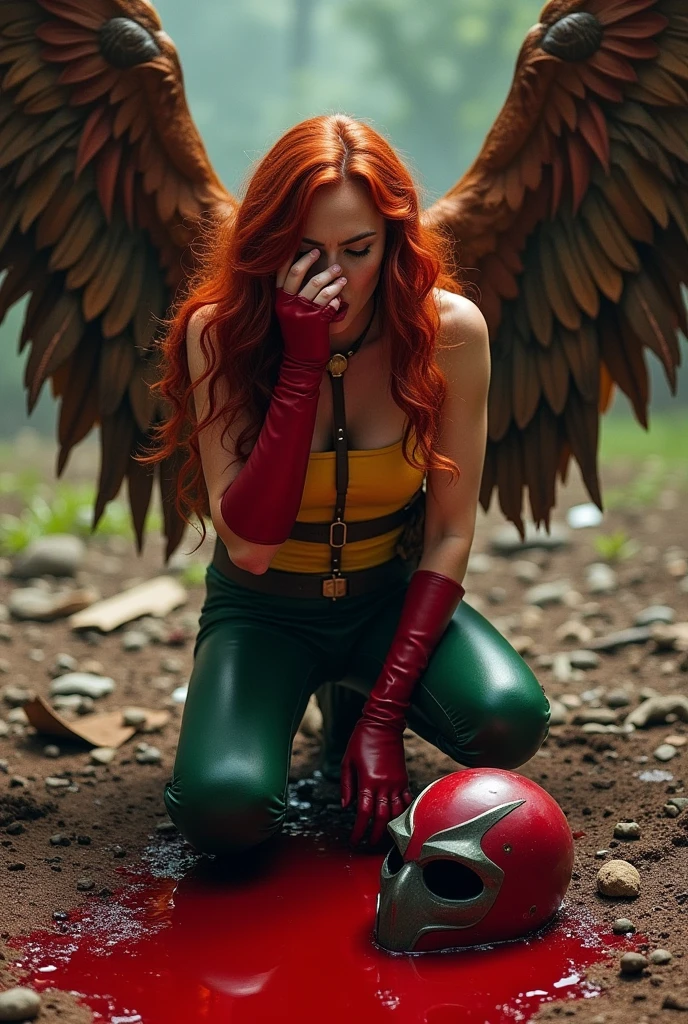 A beautiful woman Gaia Weiss under the mantle of the Thanagarian Warrior Shayera Holl aka Hawkgirl. Long red hair reaching her knees with her hands on her face screaming exhausted after a battle, blood around her. Yellow top with thick straps protruding from her neck to her waist and green leather pants, red boots, and large red gloves. Brown wings reflecting in the blood. Terrifying and bloody images. Two large wings protruding from her back. DC universe logo.