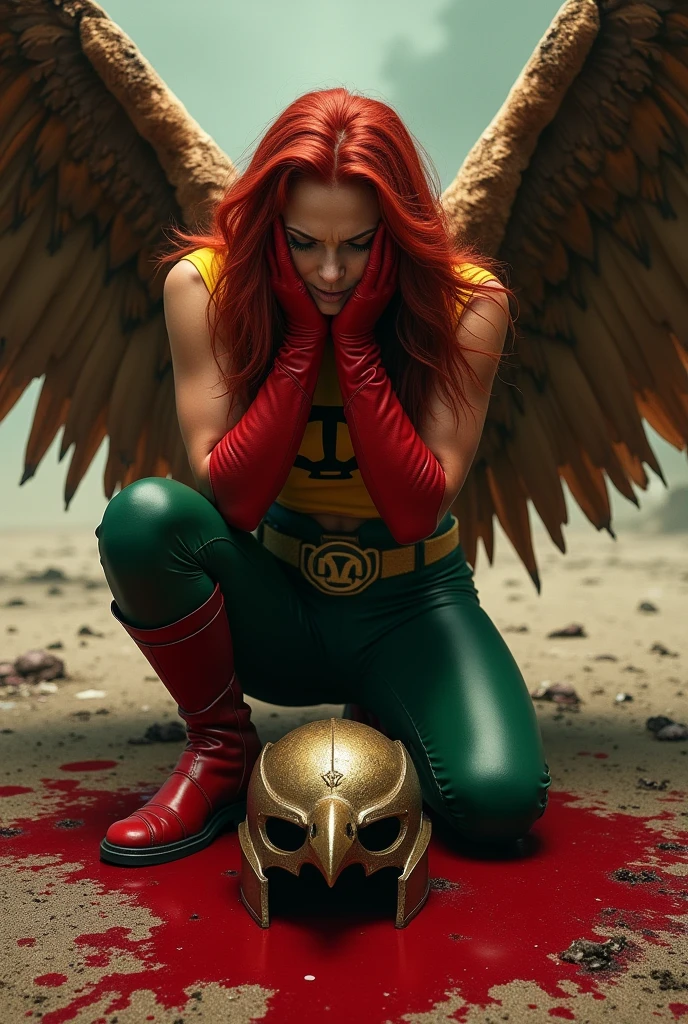 A beautiful woman Gaia Weiss under the mantle of the Thanagarian Warrior Shayera Holl aka Hawkgirl Long red hair on her knees with her hands on her face screaming exhausted after a battle blood around her Yellow top with thick brown straps sticking out from her neck to her waist and green leather pants red boots and red gloves large brown wings reflection of her in the blood terrifying and bloody images two large wings sticking out of her back helmet shaped like a hawk&#39;s head on the ground in the blood Dc universe logo