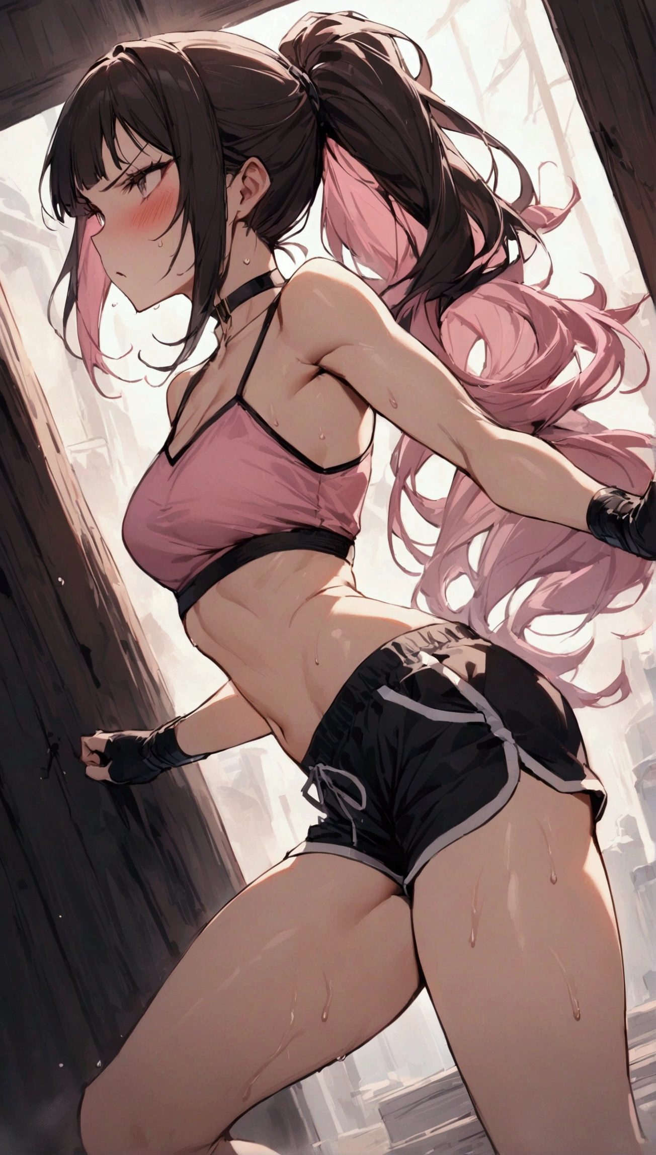 {{masterpiece}}, {{{Highest quality}}},{{Very detailed}}{{female martial artist}},{{Female fighters are sparring in the ring and struggling.}},{{}},solo,1girl, {{Very slim legs:1.2}},slim body,{{}},{{}},Mature Women,Dynamic composition、Dutch Angle,from side,Focus on thighs,,v-shaped eyebrows.profound,Bad mood,blush,Sweat,{{clavicle:1.4}},{{}},,choker,,,,black fingerless gloves,dolphin shorts, Pink camisole, long hair,ponytail Blunt bangs,high-cut sneakers,On the ring