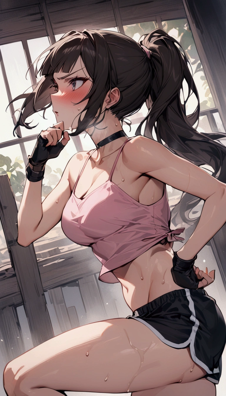 {{masterpiece}}, {{{Highest quality}}},{{Very detailed}}{{female martial artist}},{{Female fighters are sparring in the ring and struggling.}},{{}},solo,1girl, {{Very slim legs:1.2}},slim body,{{}},{{}},Mature Women,Dynamic composition、Dutch Angle,from side,Focus on thighs,,v-shaped eyebrows.profound,Bad mood,blush,Sweat,{{clavicle:1.4}},{{}},,choker,,,,black fingerless gloves,dolphin shorts, Pink camisole, long hair,ponytail Blunt bangs,