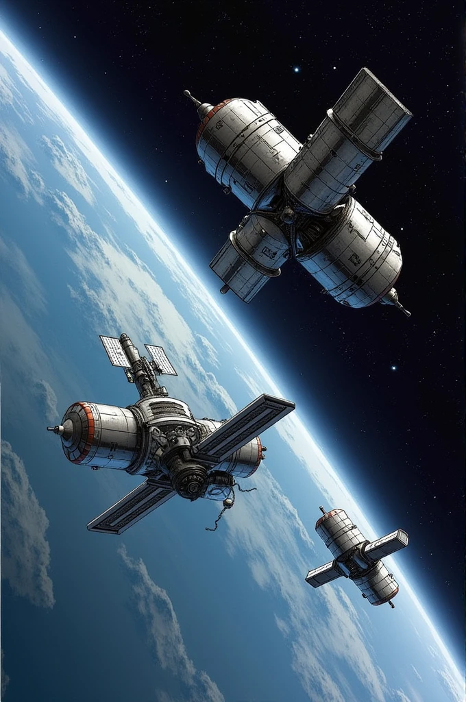 An illustration of the Soyuz 10 spacecraft undocking from Salyut 1 at a different angle