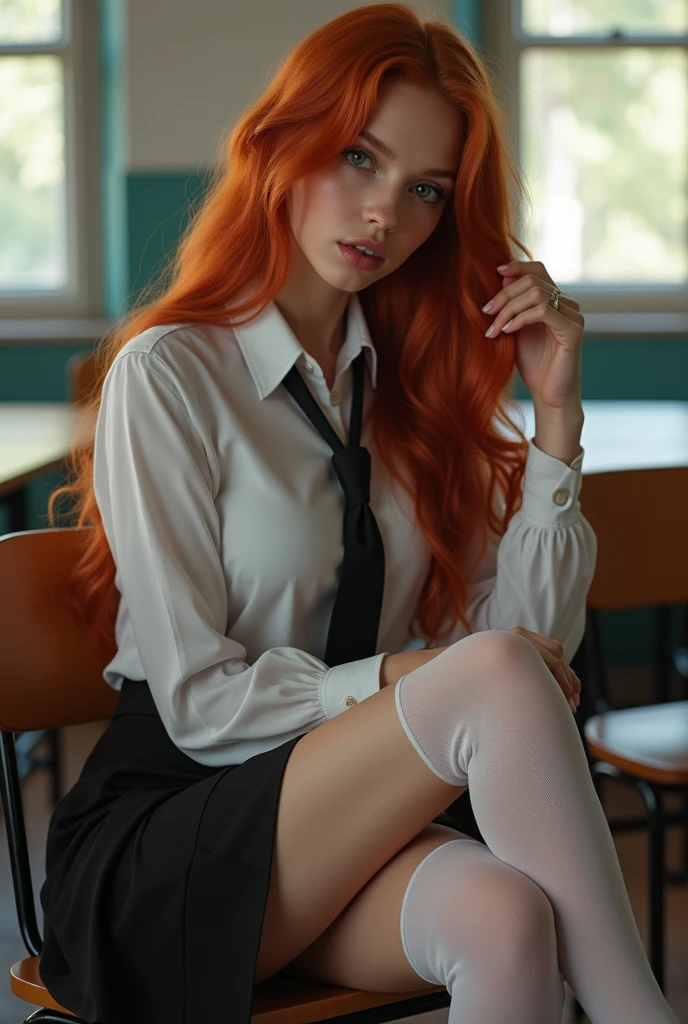 ultra realistic, fot, long redhead hair, Irish, 24 years old, hourglass figure, perfectbody, breasts small, seducing gaze, blur the background, wearing a schoolgirl outfit (open blouse with neckline, overskirt, white opaque thigh highs, a tie), sitting in classroom, sitting in a chair behind his desk, looking seductively, playing with a lock of hair, she has her legs crossed,