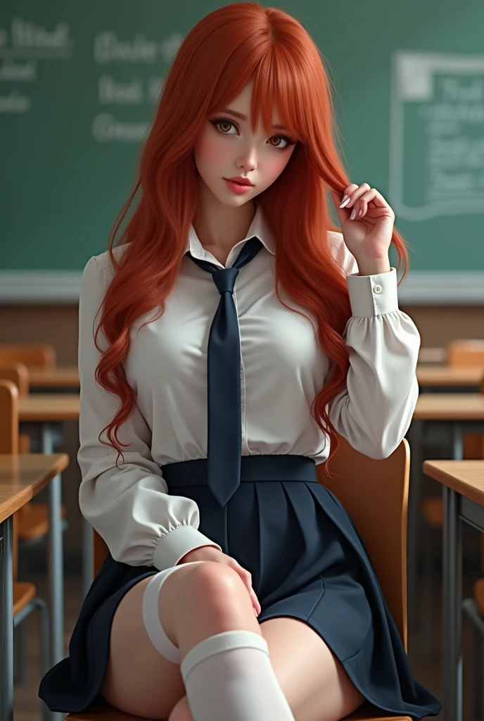 ultra realistic, fot, long redhead hair,  Irish, 24 years old, hourglass figure, perfectbody, breasts small, seducing gaze, blur the background, wearing a schoolgirl outfit (open blouse with neckline, overskirt, white opaque thigh highs, a tie), sitting in classroom, sitting in a chair behind his desk, looking seductively, playing with a lock of hair, she has her legs crossed, 