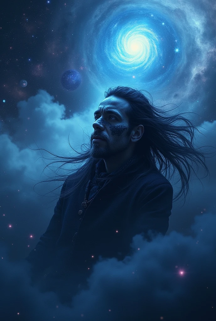 Long haired man wandering in space, near a blue star, with their faces painted like black metal.