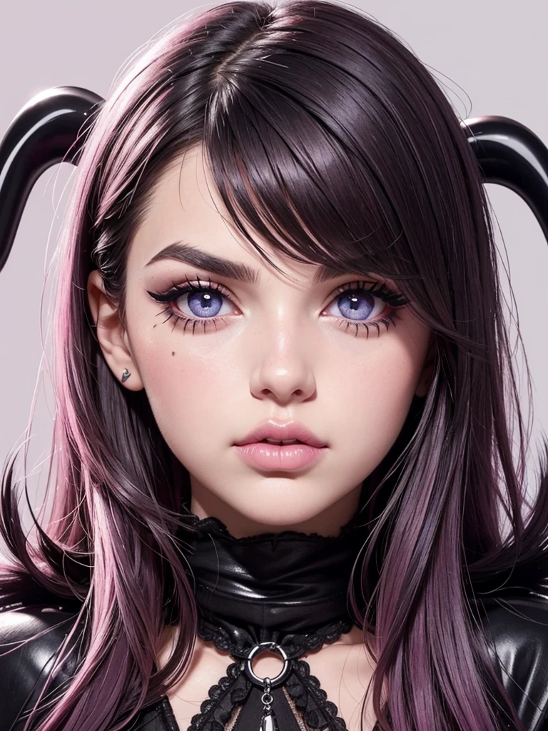 face close up, glamour photography of a random stylish goth girl, edgy vibe, dark, mascara, eyeliner, dark cheeks, Heterochromia (different-colored eyes), Pouty lips, Doe-eyed look, Small nose, Pouty lips, detailed skin, skin blemish,pink shiny lipgloss