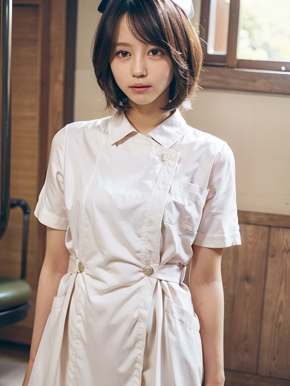 woman, alone, (Wearing white nurse clothes:1.2), (Bobcut), Shortcuts,bangs, Black Hair, nurse, Perfect Anatomy, nurse uniform, (Nurse cap), (White costume), Long skirt, hospital, Face close-up,