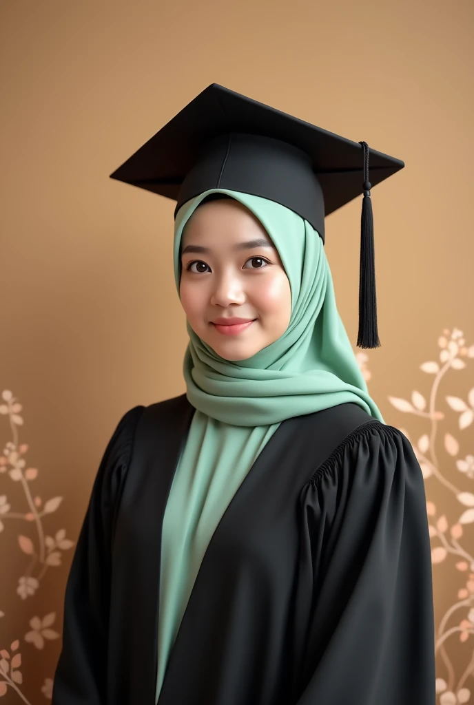 Consept art photography, fan art photography, a women, wearing hijab, wearing black graduation hat, Wearing black graduation gown, wearing pastel green graduation hood, pastel brown theme background, Standing pose, leaf effect background, university background, pastel brown lighting effect,bright results, perfect pose, kawaii design
