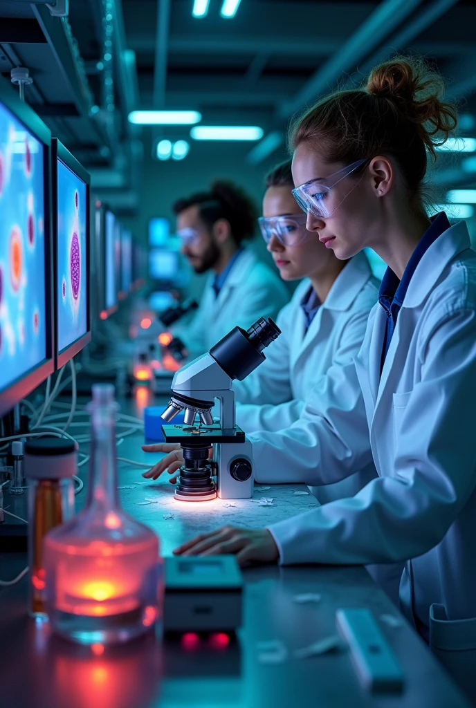 Images of Dictyostelium discoideum in a laboratory, followed by scientists working with advanced equipment.