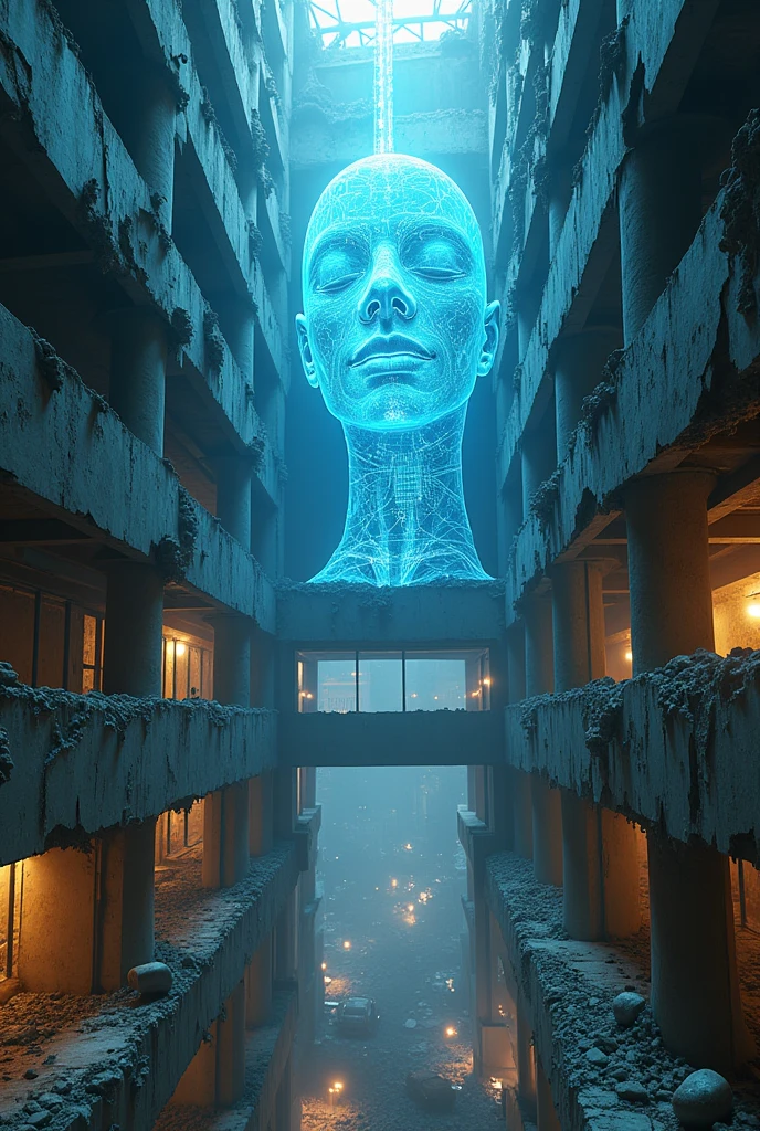Create an image of the interior of a futuristic, semi-destroyed building, where a holographic image of an AI can be seen from the top floor.