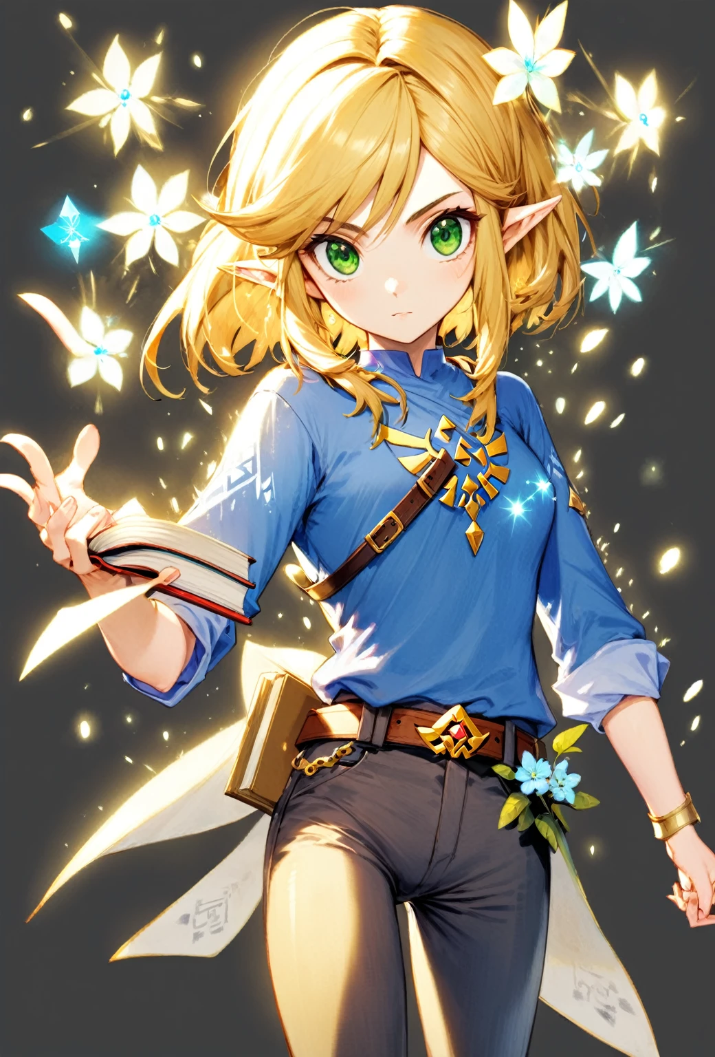 Princess Zelda, One person, Artist Request, belt, Blonde, blue shirt, Book, boots, Expressionless, whole body, Green Eyes, High resolution, View your viewers, magic, Nintendo, pants, Pointed Ears, shirt, short hair, Simple Background, alone, The Legend of Zelda, The Legend of Zelda: Breath of the Wild, The Legend of Zelda: Tears of the Kingdom, Flowers made of light, magic