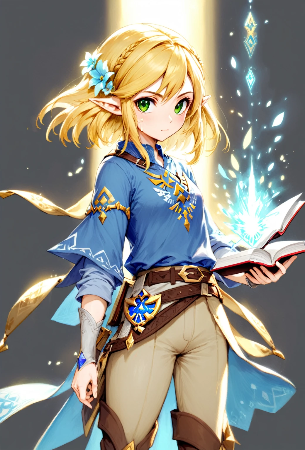 Princess Zelda, One person, Artist Request, belt, Blonde, blue shirt, Book, boots, Expressionless, whole body, Green Eyes, High resolution, View your viewers, magic, Nintendo, pants, Pointed Ears, shirt, short hair, Simple Background, alone, The Legend of Zelda, The Legend of Zelda: Breath of the Wild, The Legend of Zelda: Tears of the Kingdom, Flowers made of light, magic
