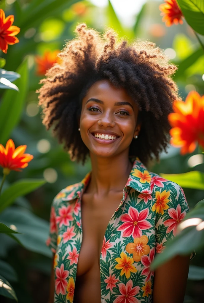 A Brazilian woman in a lush tropical garden, wearing an open shirt with a floral print, with a close-up capturing the harmonious beauty between her breasts and the natural flowers, showing off your natural charm and outgoing personality.