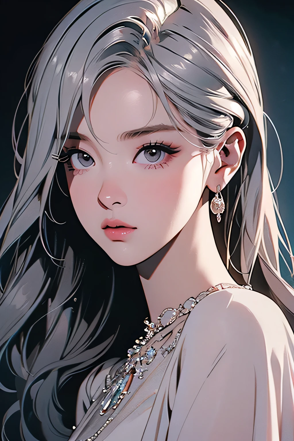Rosè blackpink, a beautiful young woman with silver hair, grey eyes, wearing a white dress, silver earrings, 1girl, beautiful detailed eyes, beautiful detailed lips, extremely detailed eyes and face, long eyelashes, high fashion, elegant, cinematic lighting, dramatic lighting, intricate details, photorealistic, 8k, ultra-detailed, best quality, masterpiece, vibrant colors, glowing skin, volumetric lighting, natural pose, dynamic composition, dramatic lighting, chiaroscuro, cinematic framing, moody atmosphere, elegant, glamorous